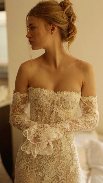 Strapless Beaded Lace Wedding Gown In White