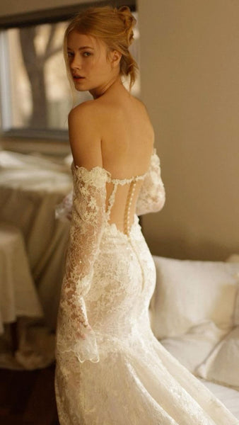 Strapless Beaded Lace Wedding Gown In White