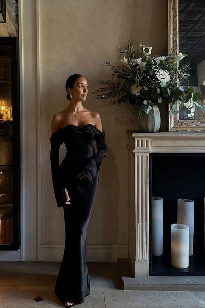 Black Off Shoulder DressOpen Back Black Evening DressLong Sleeve Maxi Dresses Black Off Shoulder DressOpen Back Black Evening DressLong Sleeve Maxi Dresses