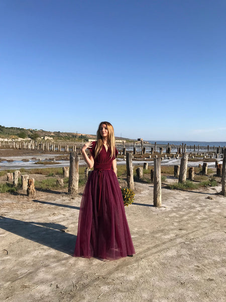 Burgundy Tulle Prom Dress Long ,Red Modest Evening Dress | Flosluna FlosLuna Burgundy Tulle Prom Dress Long ,Red Modest Evening Dress | Flosluna FlosLuna