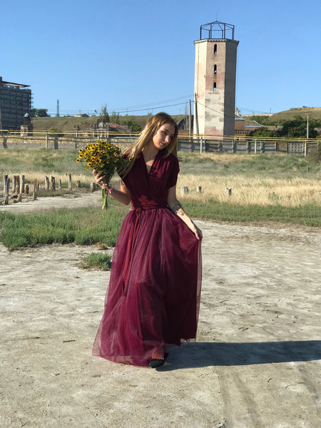 Burgundy Tulle Prom Dress Long ,Red Modest Evening Dress | Flosluna FlosLuna Burgundy Tulle Prom Dress Long ,Red Modest Evening Dress | Flosluna FlosLuna