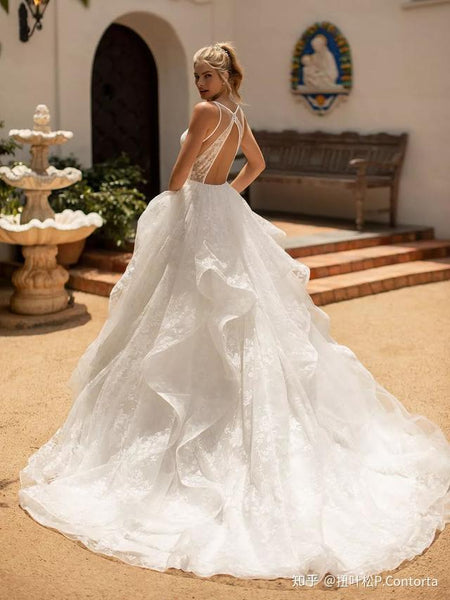 2024 Lace wedding dress,V-neck dress,open back wedding dress