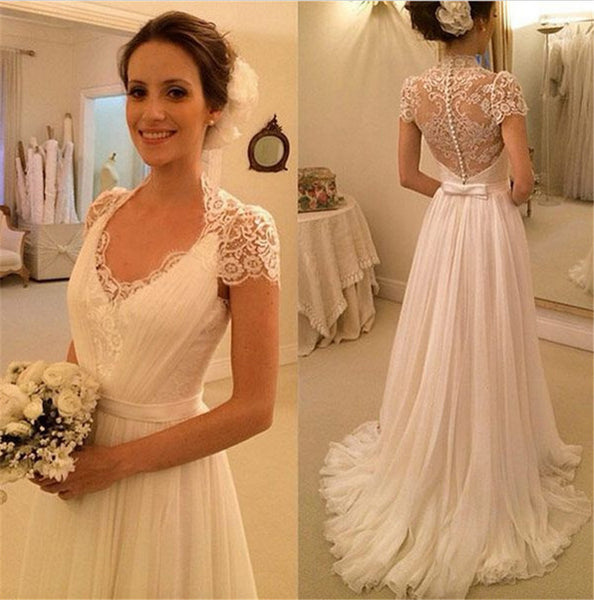 Lace Back Wedding Dress with Buttons | Flosluna Lace Back Wedding Dress with Buttons | Flosluna
