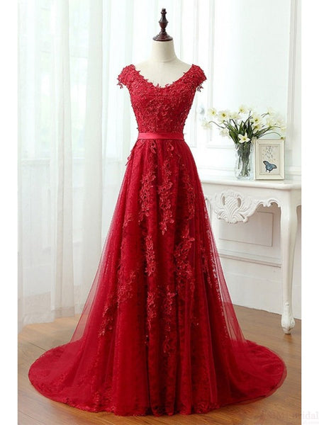 A Line Red V-Neck Long Lace Prom Dresses with Cap Sleeves | Flosluna FlosLuna A Line Red V-Neck Long Lace Prom Dresses with Cap Sleeves | Flosluna FlosLuna