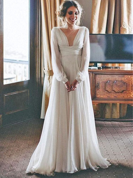 Long Sleeve V neck Simple Wedding Dress | Flosluna FlosLuna Long Sleeve V neck Simple Wedding Dress | Flosluna FlosLuna