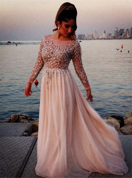 Long Sleeve Jeweled Prom Dress, Champagne Sparkly Prom Dress with Sleeves | Flosluna FlosLuna Long Sleeve Jeweled Prom Dress, Champagne Sparkly Prom Dress with Sleeves | Flosluna FlosLuna