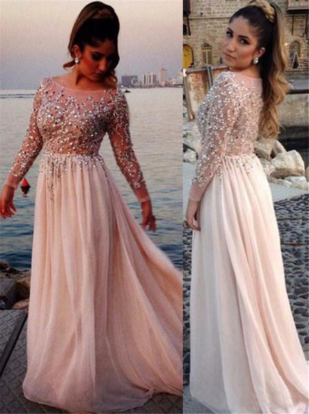 Long Sleeve Jeweled Prom Dress, Champagne Sparkly Prom Dress with Sleeves | Flosluna Long Sleeve Jeweled Prom Dress, Champagne Sparkly Prom Dress with Sleeves | Flosluna