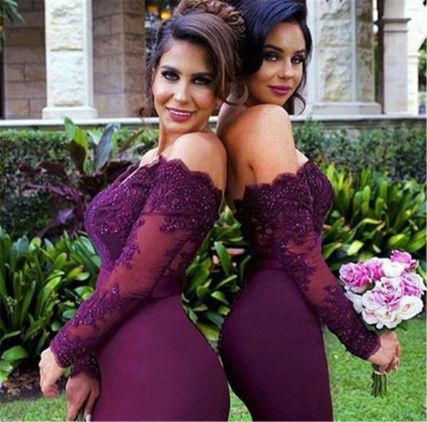 Burgundy Mermaid Long Sleeve Lace Top Long Bridesmaid Dresses | Flosluna FlosLuna Burgundy Mermaid Long Sleeve Lace Top Long Bridesmaid Dresses | Flosluna FlosLuna