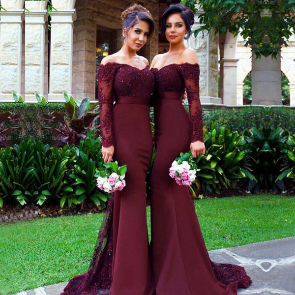 Burgundy Mermaid Long Sleeve Lace Top Long Bridesmaid Dresses Burgundy Mermaid Long Sleeve Lace Top Long Bridesmaid Dresses