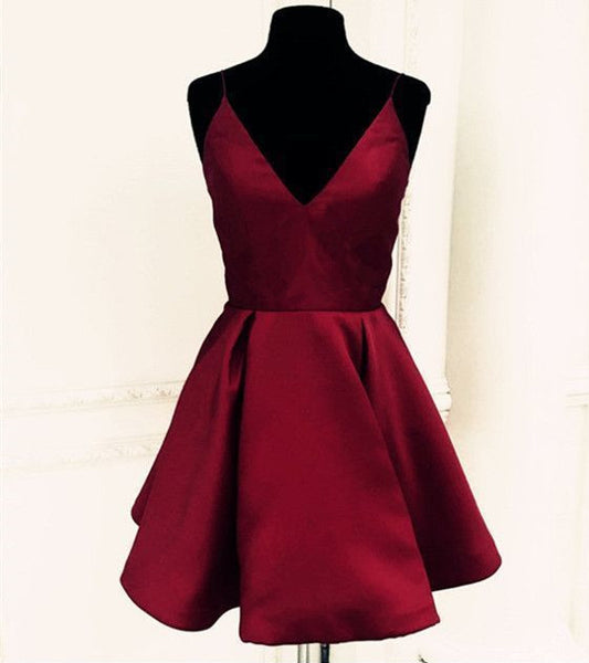 Dark Red Short Cheap Satin Prom Homecoming Dress under 100 | Flosluna FlosLuna Dark Red Short Cheap Satin Prom Homecoming Dress under 100 | Flosluna FlosLuna