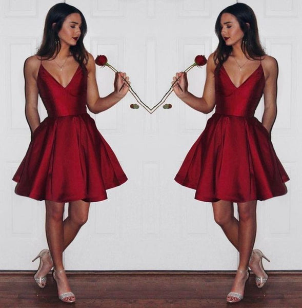 Dark Red Short Cheap Satin Prom Homecoming Dress under 100 | Flosluna FlosLuna Dark Red Short Cheap Satin Prom Homecoming Dress under 100 | Flosluna FlosLuna