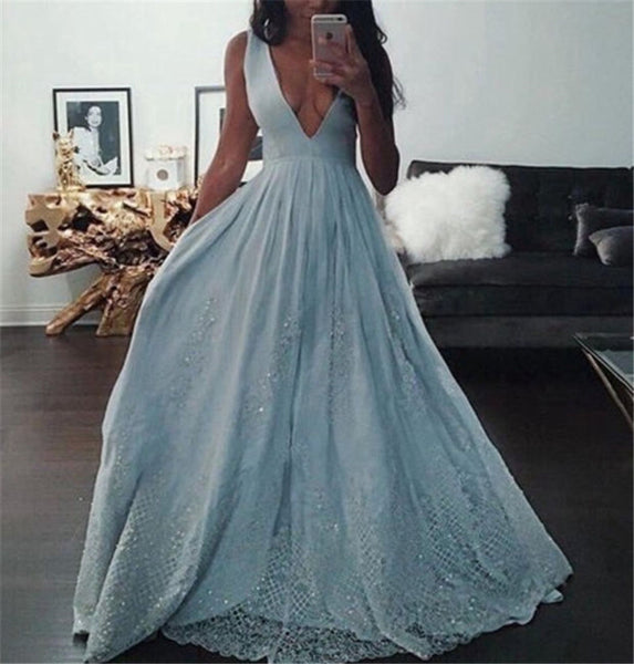 Lace V Neck Dusty Blue Evening Gowns Formal Prom Dress with Straps 2018 Deep V Neck Long Prom Dress - FlosLuna