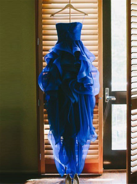blue organza wedding dress Deep V Neck Appliqued Prussian Blue Bridal Dresses Multi-Layered Organza Wedding Dresses ARD2481