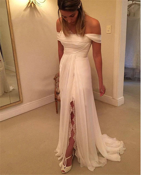 Off Shoulder Chiffon Slit Beach Wedding Dress&Gowns | Flosluna FlosLuna Off Shoulder Chiffon Slit Beach Wedding Dress&Gowns | Flosluna FlosLuna