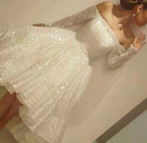 Long Sleeve Sparkly Homecoming Dresses& White Shiny Prom Paty Dress | Flosluna Long Sleeve Sparkly Homecoming Dresses& White Shiny Prom Paty Dress | Flosluna
