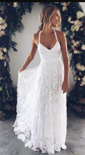 Halter Empire White Lace Prom/Evening Dress,Beach Lace Wedding Dress Informal,White Lace Maxi Dress - FlosLuna
