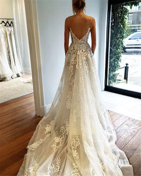 Spaghetti Straps Lace Beach Wedding Dress | Flosluna FlosLuna Spaghetti Straps Lace Beach Wedding Dress | Flosluna FlosLuna
