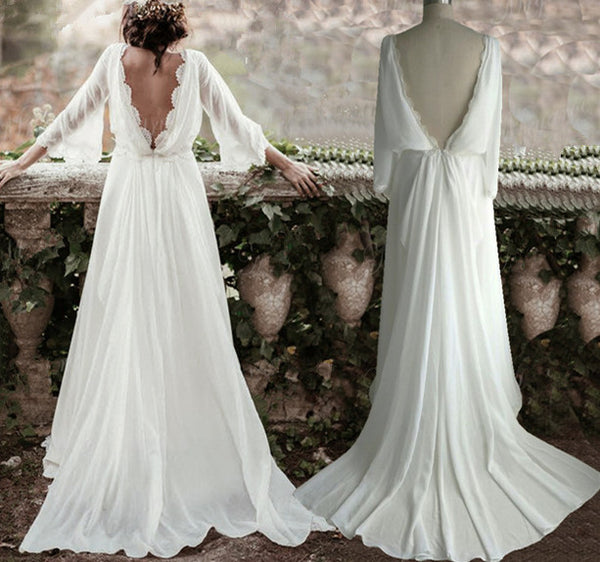 Lace Backless Wedding Dress,Vintage Wedding Dress,Long Sleeve Bridal Gown,V Back Lace Chiffon Wedding Dress Lace Backless Wedding Dress,Vintage Wedding Dress,Long Sleeve Bridal Gown,V Back Lace Chiffon Wedding Dress