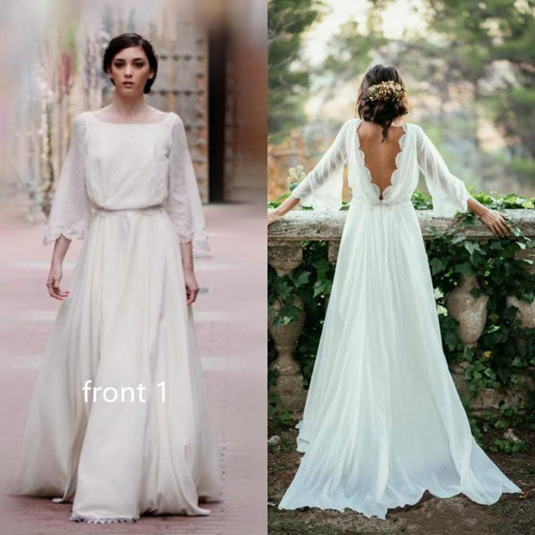 Long Sleeve Wedding Gown Backless Lace Boho Bridal Dresses Bh15