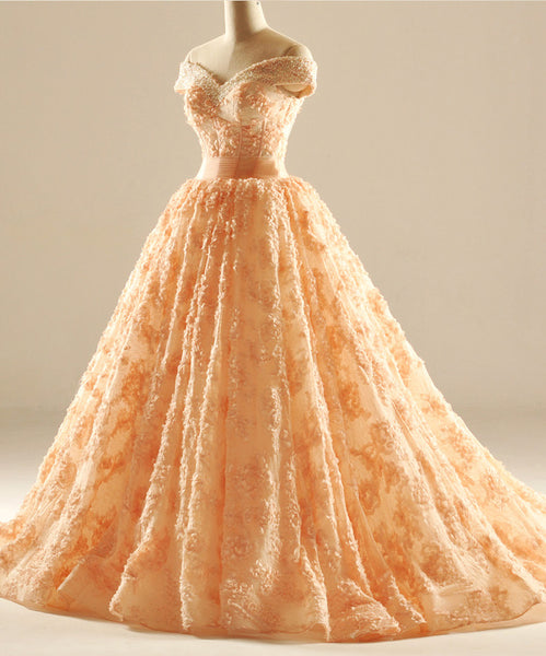Lace Ball Gown Blush Wedding Dresses & Off Shoulder Lace Prom Gowns | Flosluna Lace Ball Gown Blush Wedding Dresses & Off Shoulder Lace Prom Gowns | Flosluna
