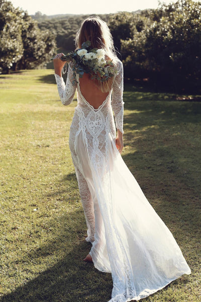 Bohemian Long Sleeve Open Back Wedding Dress &Bridal Gown | Flosluna Bohemian Long Sleeve Open Back Wedding Dress &Bridal Gown | Flosluna