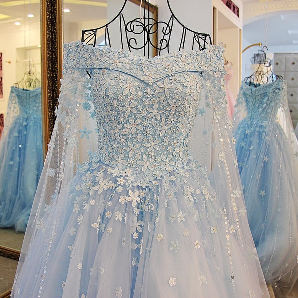 A-line Off Shoulder Blue Lace Handmade Flowers Wedding Dress Lace Off Shoulder Prom/Evening Gowns - FlosLuna