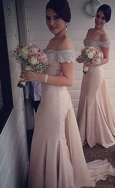 Off Shoulder Champagne Mermaid Bridesmaid Dress,Beaded Prom Dress,Formal Evening Dress,Mermaid Bridesmaid Dress,Custom Sexy Prom/Evening Dress,Bridesmaid Dresses - FlosLuna