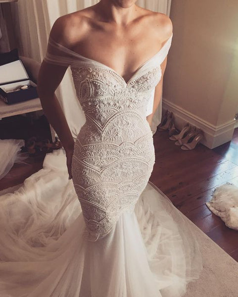 Mermaid Off Shoulder Beaded Wedding Dress | Flosluna Mermaid Off Shoulder Beaded Wedding Dress | Flosluna