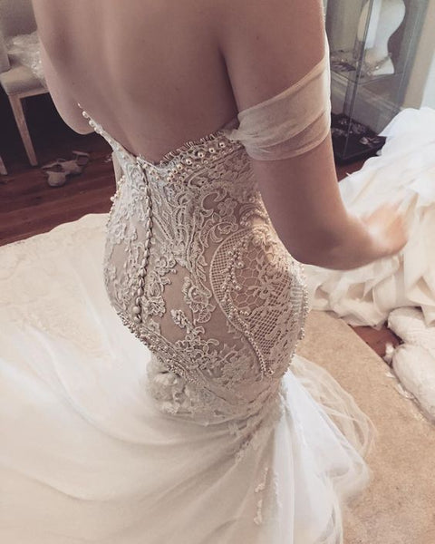 Mermaid Off Shoulder Beaded Wedding Dress | Flosluna Mermaid Off Shoulder Beaded Wedding Dress | Flosluna