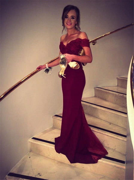 Off Shoulder V Neck Mermaid Prom Dress,Lace Burgundy Mermaid Evening Gowns | Flosluna FlosLuna Off Shoulder V Neck Mermaid Prom Dress,Lace Burgundy Mermaid Evening Gowns | Flosluna FlosLuna