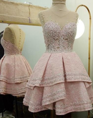 Tired Homecoming Dress with Jewels, Short Pink Prom Homecoming Dress | Flosluna FlosLuna Tired Homecoming Dress with Jewels, Short Pink Prom Homecoming Dress | Flosluna FlosLuna