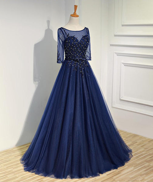 Royal Blue Half Sleeve Tulle Prom Dress,Sparkly Rhinestone Prom Dress,Evening Party Dress,Charming Prom Dresses,Formal Prom Dresses, - FlosLuna