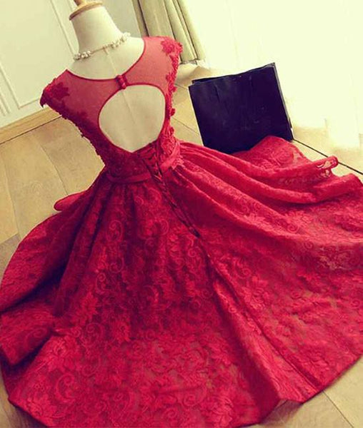 OPEN BACK ROUND NECK LACE SHORT RED PROM/HOMECOMING DRESS | Flosluna OPEN BACK ROUND NECK LACE SHORT RED PROM/HOMECOMING DRESS | Flosluna