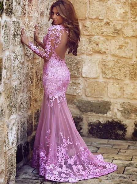 Sexy Mermaid Long Sleeve Round Neck Lace Applique Prom Formal Evening Dress Open Back Formal Gowns - FlosLuna