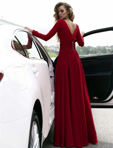 V-Neck Long Sleeves Prom Dresses | Flosluna V-Neck Long Sleeves Prom Dresses | Flosluna