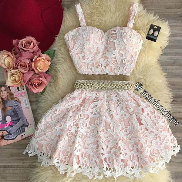 Mini Pink Lace Homecoming Dress with Pearls | Flosluna Mini Pink Lace Homecoming Dress with Pearls | Flosluna