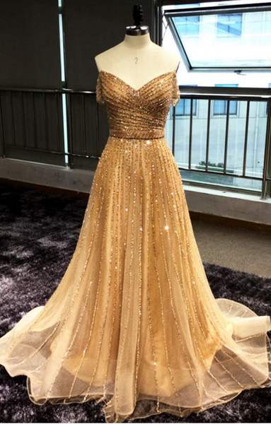 Shinny Off Shoulder Gold Evening/Prom Dress ,Floor Long Sparkly Prom Dress,Long Prom/Evening Dress New Fashion - FlosLuna