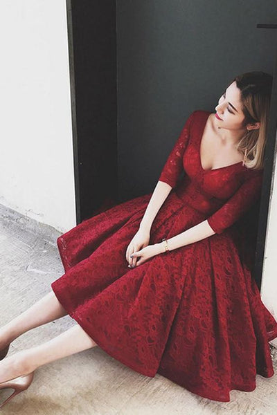 Bridesmaid Dress Tea Length, Short Lace Homecoming Dress with Sleeves | Flosluna Bridesmaid Dress Tea Length, Short Lace Homecoming Dress with Sleeves | Flosluna
