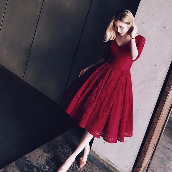 Bridesmaid Dress Tea Length, Short Lace Homecoming Dress with Sleeves | Flosluna Bridesmaid Dress Tea Length, Short Lace Homecoming Dress with Sleeves | Flosluna