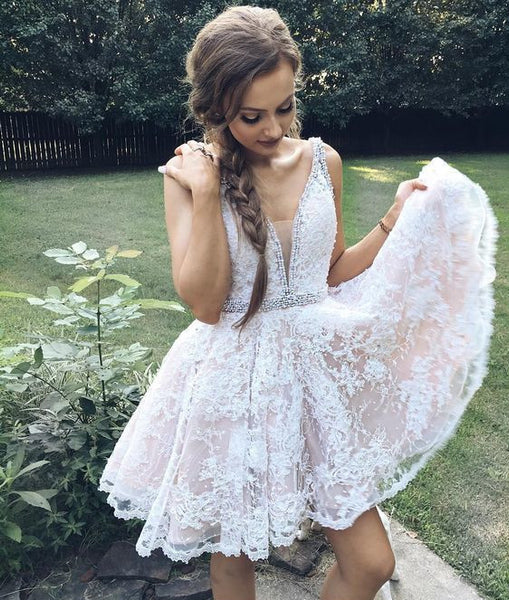 V Neck Pearl Beaded Lace Prom Homecoming Dress | Flosluna V Neck Pearl Beaded Lace Prom Homecoming Dress | Flosluna