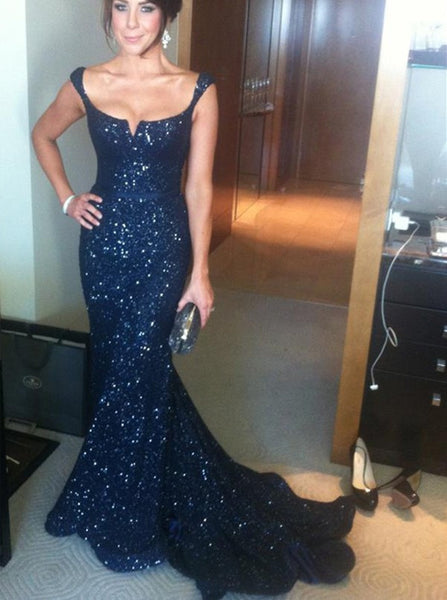 Sleeveless Mermaid Navy Sequin Prom Evening Dress with Sash Mother of Bride Dress Online - FlosLuna