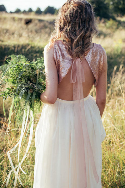 Two Pieces Rose Gold Sequin Top Tulle Prom/Evening/Bridesmaid Dress | Flosluna Two Pieces Rose Gold Sequin Top Tulle Prom/Evening/Bridesmaid Dress | Flosluna