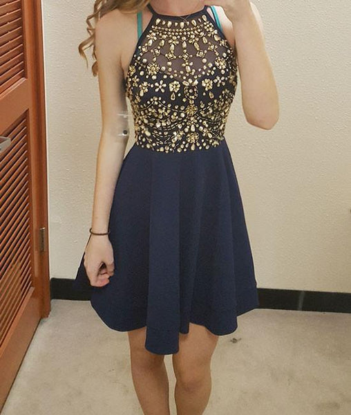 UNIQUE ROUND NECK RHINESTONES SHORT PROM DRESS, CUTE HOMECOMING DRESS - FlosLuna