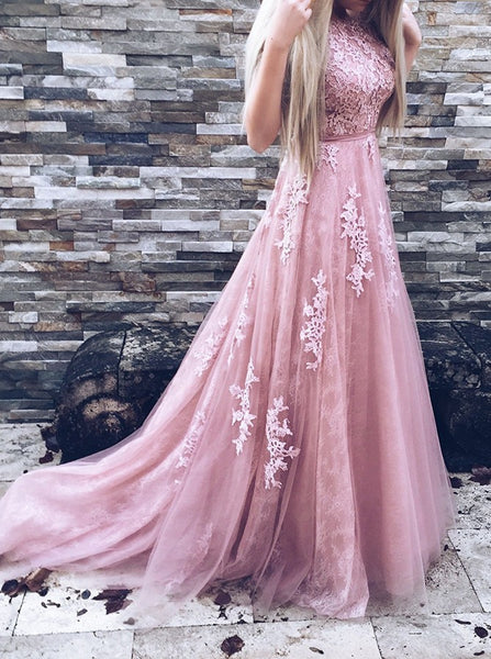 Round Neck Modest V Back Prom Evening Dress Lace Top Tulle Skirt Prom Formal Gowns for Party - FlosLuna