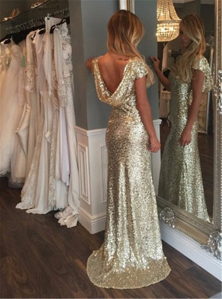 Rose Gold Mermaid Cowl Back Wedding Dress Sequin Bridesmaid Dress Long Sexy Cap Sleeve Sequin Prom Evening Dress Backless - FlosLuna