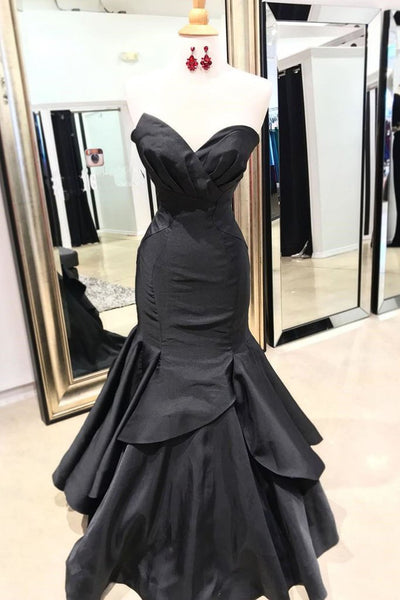 Sweetheart neck black satin long mermaid evening dress, long party dress,mermaid bridesmaid dress satin - FlosLuna