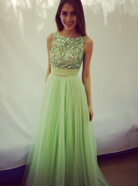 Mint Beaded Prom Dress Tulle Low Back Evening Gowns Sparkly Formal Party Dress Tulle Skirt Bridesmaid - FlosLuna