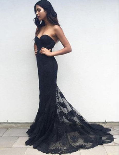 Navy Mermaid Sweetheart Sweep Train Black Lace Prom Dress Evening Gowns Navy Lace Bridesmaid Dress - FlosLuna