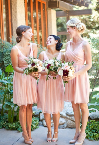 Short Pink Bridesmaid Dress,V neck Chiffon Junior Bridesmaid Dress,Custom Made Bridesmaid Dress,Knee Length Bridesmaid Dress - FlosLuna