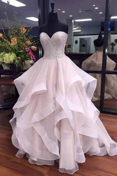 White organza sequins sweetheart tired prom dresses,ball gown luxurious wedding dresses - FlosLuna